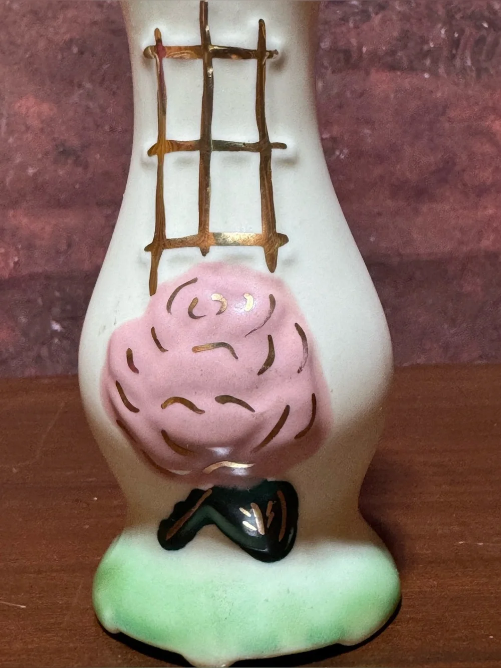 VINTAGE MINI CERAMIC BUD VASE WITH APPLIED PINK ROSE 6”